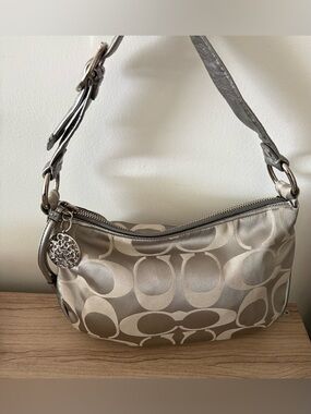 Coach Optic Hobo #f13636 Metallic Silver Signature Mini Shoulder Bag